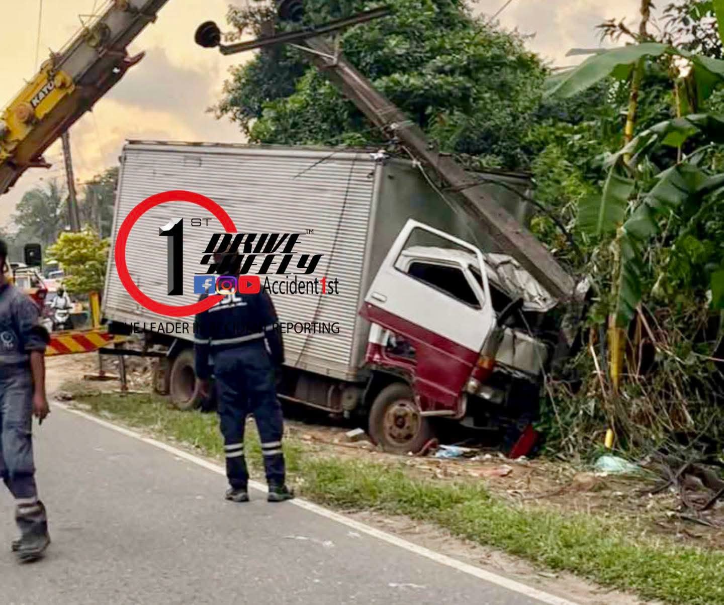 Due to an emergency condition of the lorry driver in Atigala, the lorry lost control and collided with a high powered electric pole on the side.
