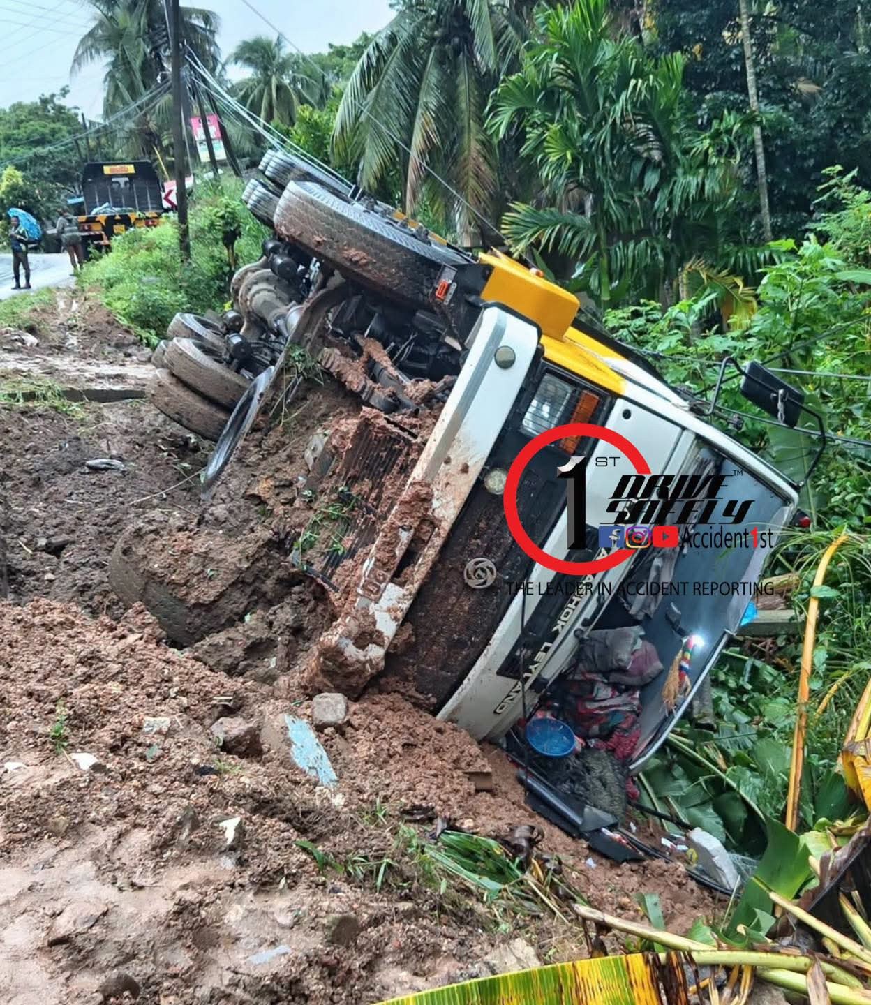 Heavy Cement-Carrying Tipper Truck Veers Off Road and Overturns in Madampe, Ratnapura